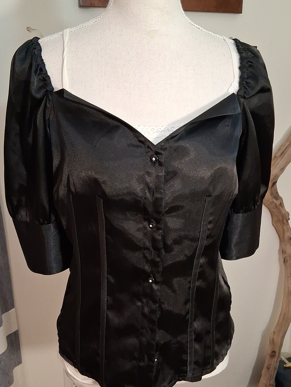 Violet & Claire Black Satin Puff Sleeve Button-Front Blouse